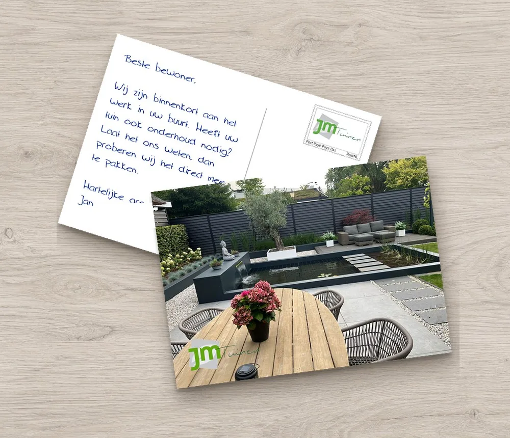 Handwritten neighbourhood card from a landscaper to the residents: working in your area soon, with a photo of a finished garden