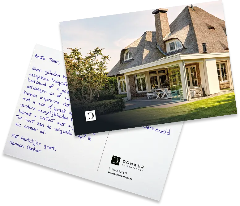 Handwritten card from an estate agent to a prospect, with a photo of a villa and a QR code