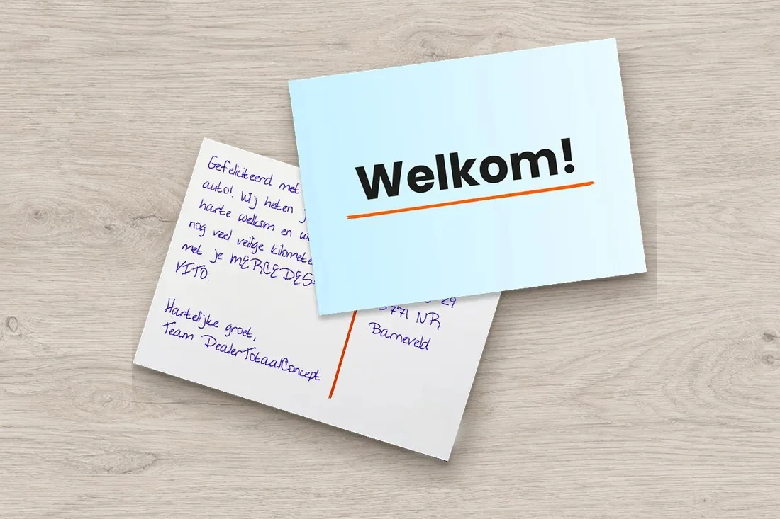 Geschreven welkomstkaart van de leasemaatschappij voor een nieuwe klant