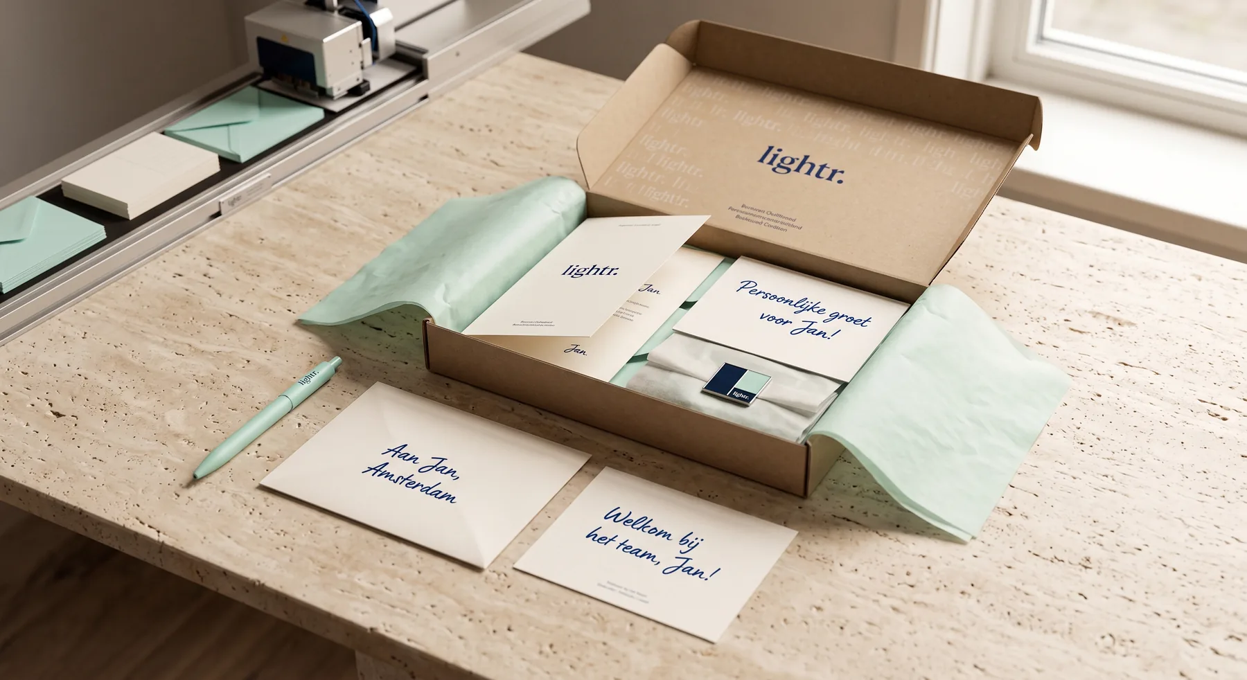 Welcome package with a handwritten card for a new employee