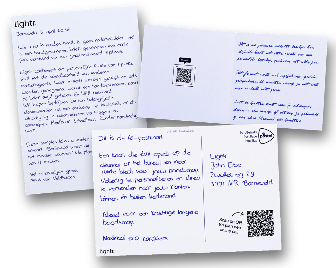 A handwritten A4 letter, a square folded card and an A5 postcard
