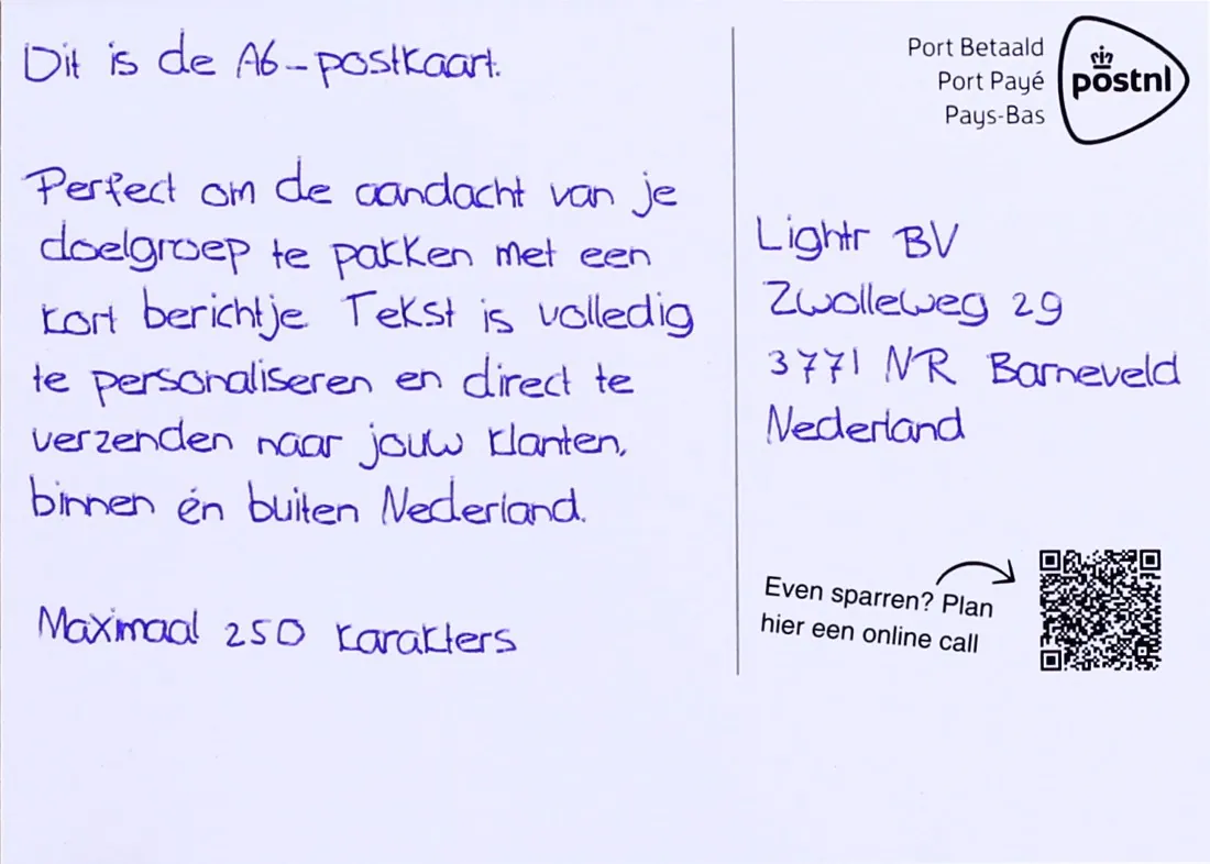 Back of an A6 postcard, written with a real pen