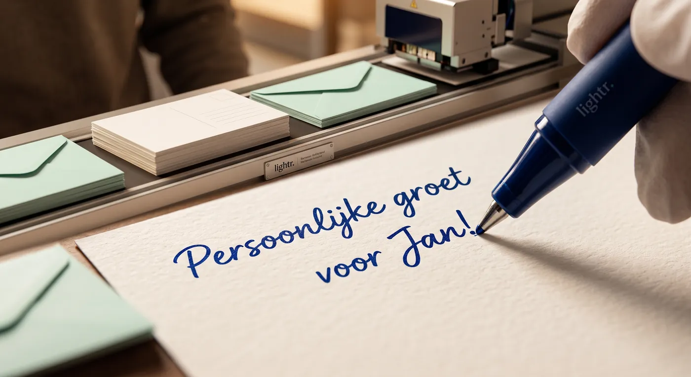 A real pen writing a personal greeting on a card