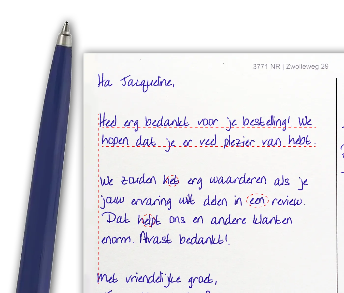 Close-up of a handwritten card with a pen; circled words show that every letter is different