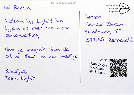 Handgeschreven welkomstkaart van Lightr